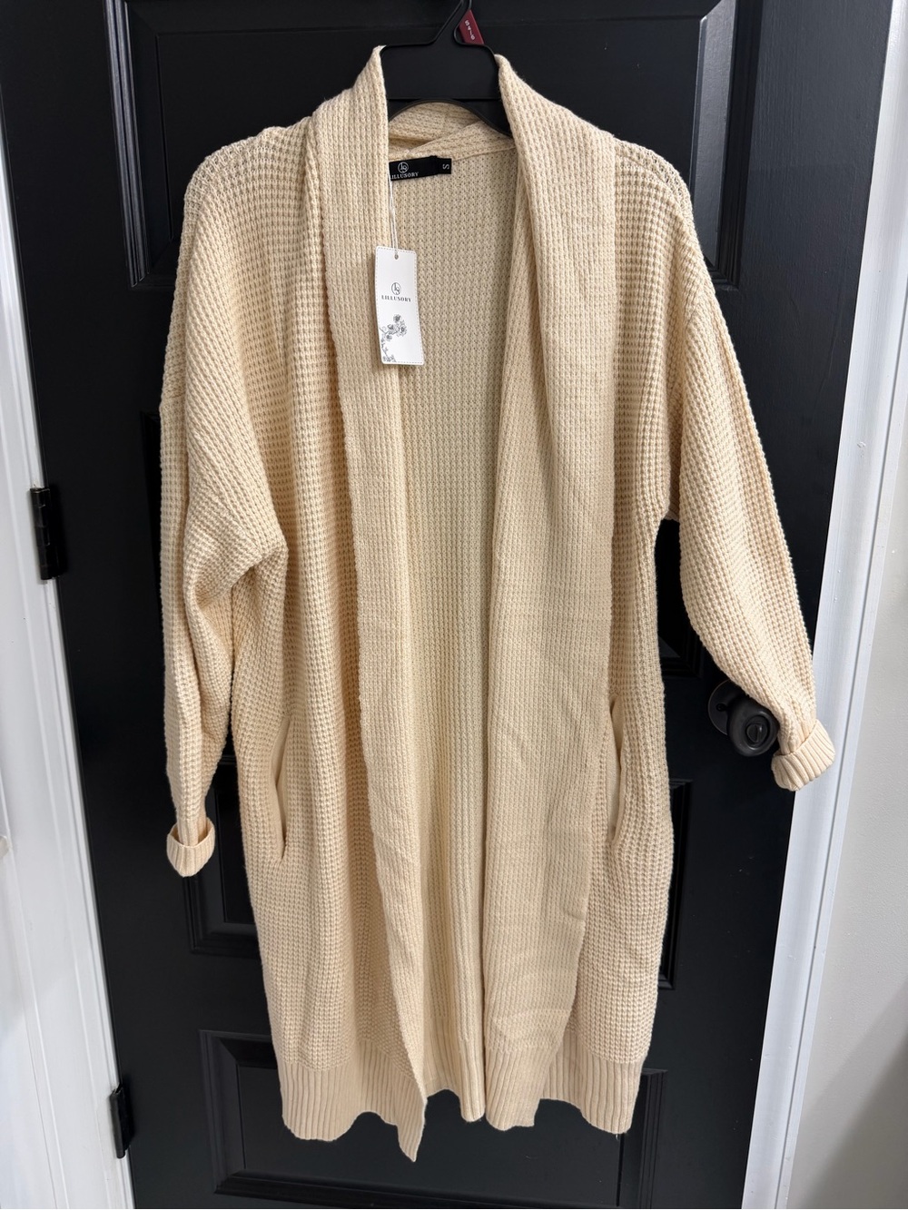 NWT Lillusory Cream Waffle Knit Long Cardigan Sweater Small